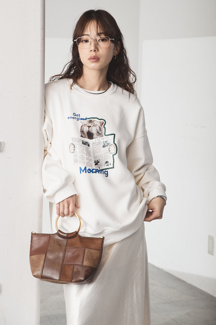 [SET]裏起毛モーニングキャットプリントスウェット+裾レースデザインサテンスカート(2set)