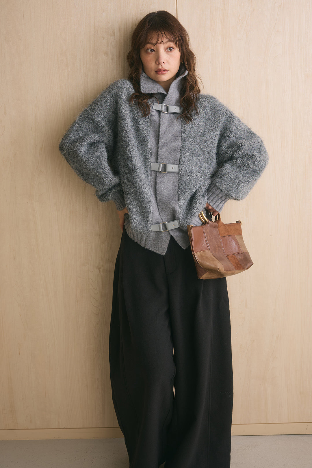 [SET]ブークレーハイネックニットジャケット+ポーチベルト付きカーブパンツ(2set)