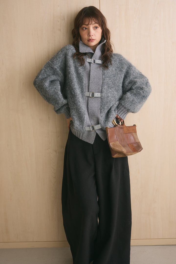 [SET]ブークレーハイネックニットジャケット+ポーチベルト付きカーブパンツ(2set)