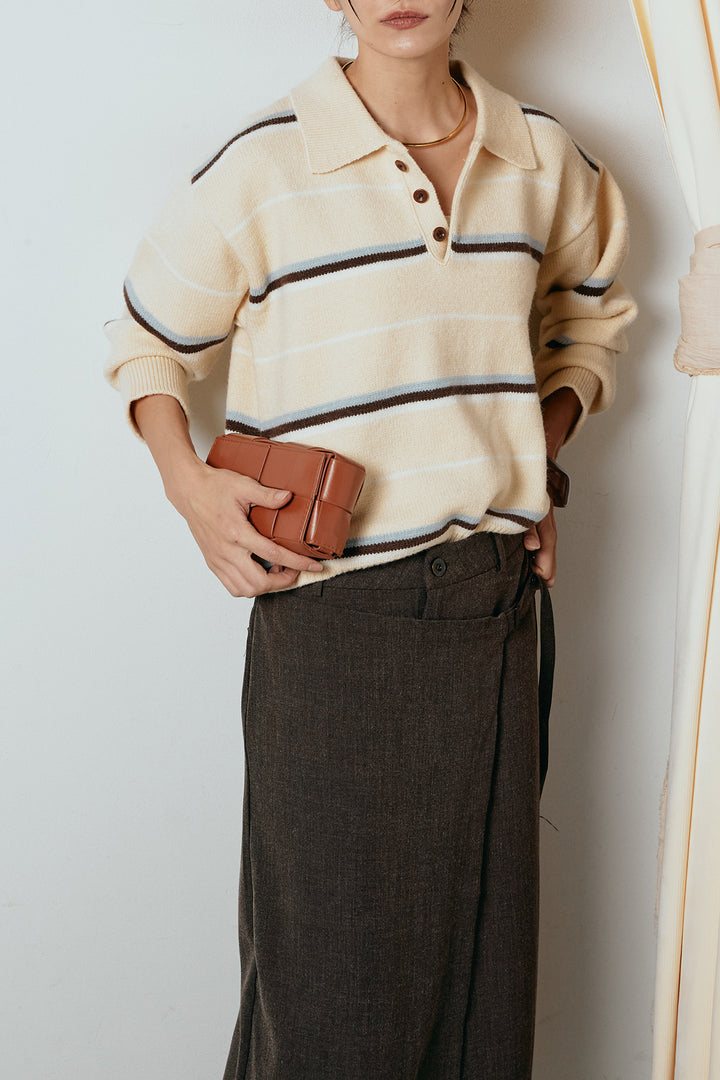 [SET]襟付きマルチボーダーニットポロトップス+ラップ巻きワイドスラックス(2set)