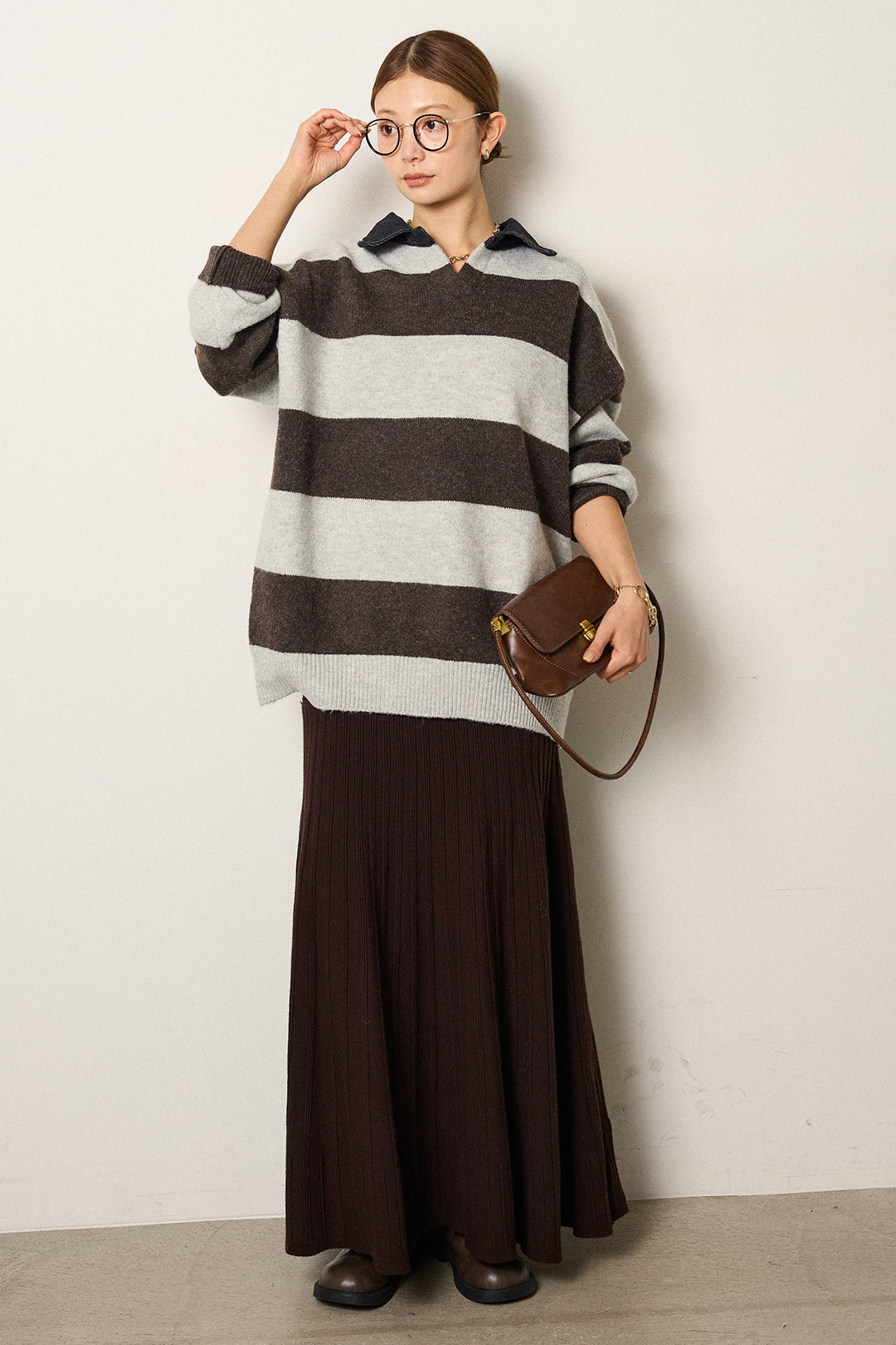 [SET]デニムカラーボーダールーズニット+編み地切り替えフレアニットスカート(2set)