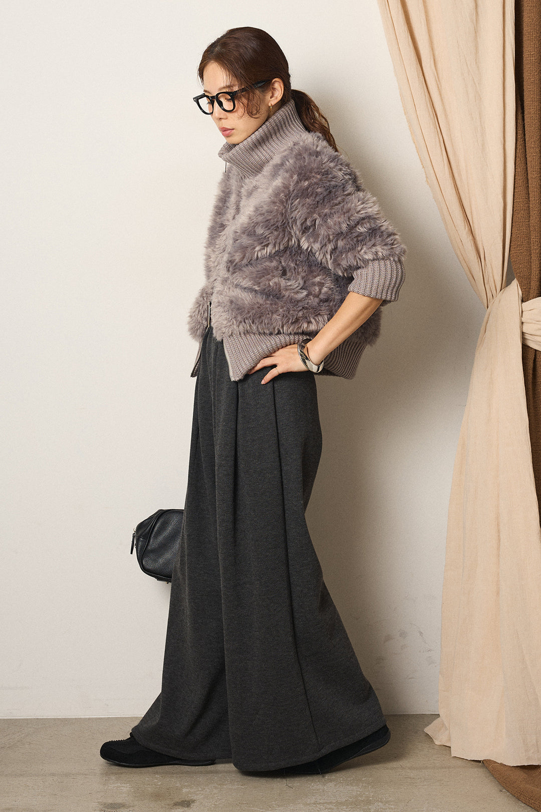 [SET]ハイネックボアブルゾン+フェイクレザー太ベルト付きタックワイドパンツ(2set)