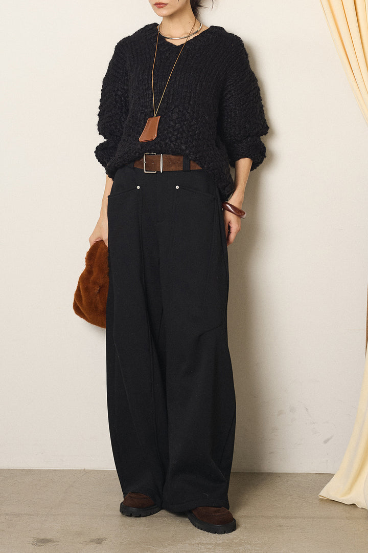 [SET]Vネックハンド編みニットトップス+太ベルト付きスウェットワイドカーブパンツ(2set)