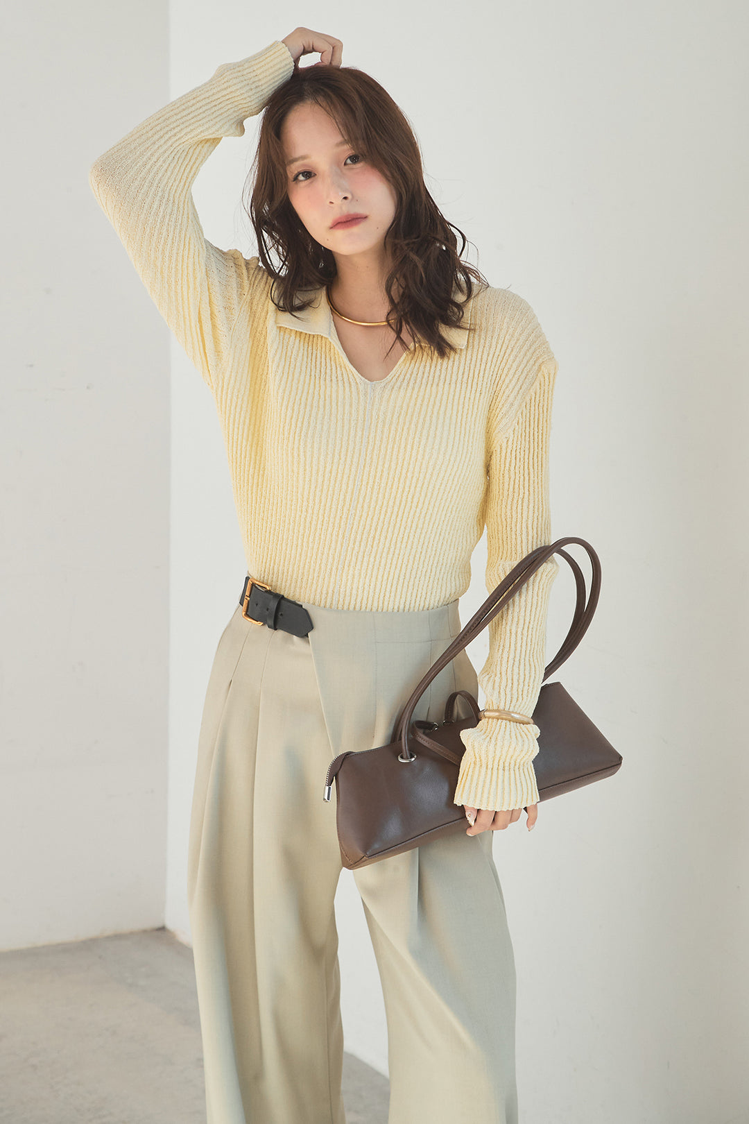 [SET]衿付きニットプルオーバー+サイドベルトタック入りスラックス(2set)