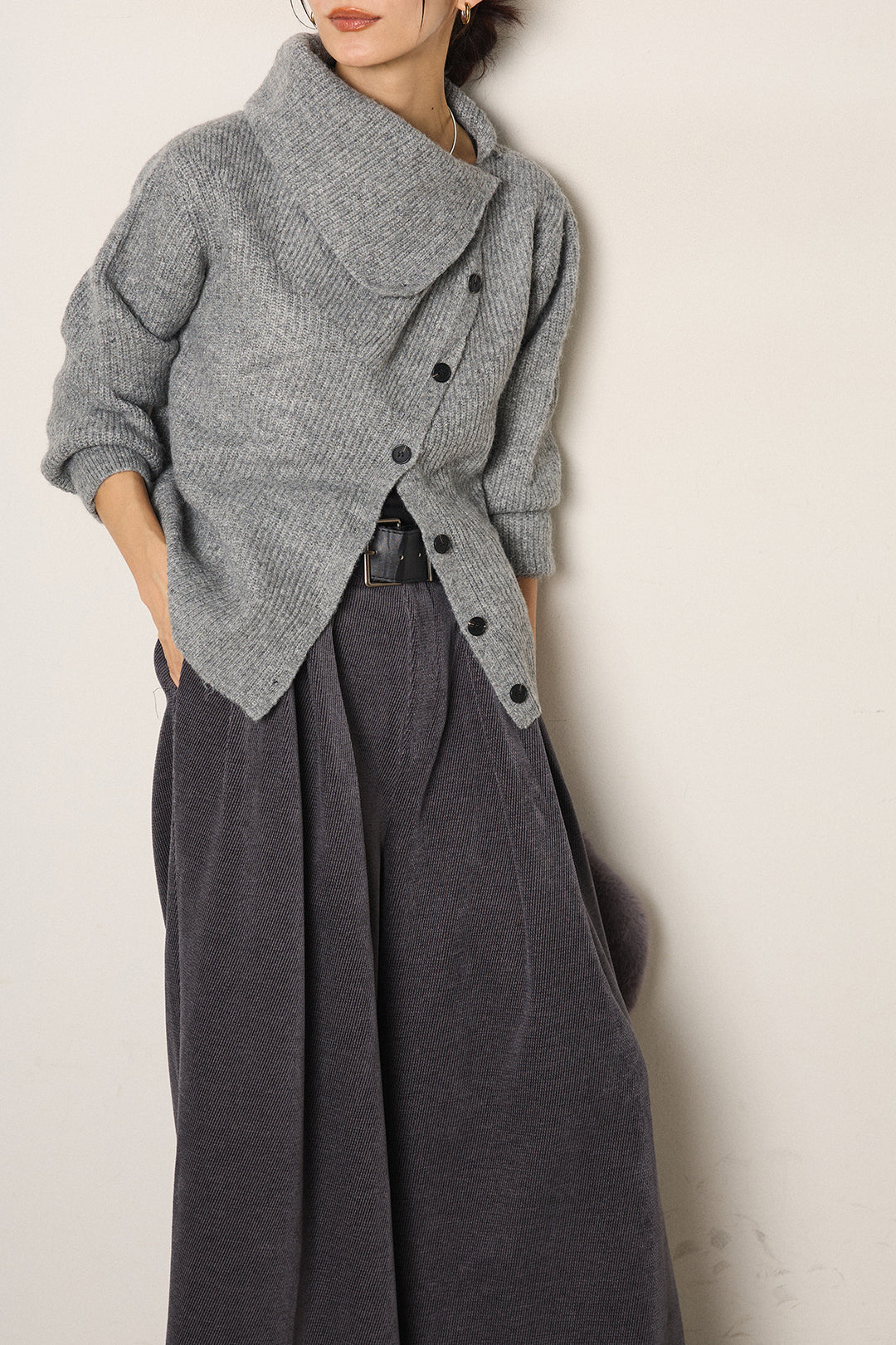 [SET]ボタンデザインネックニットプルオーバー+ベルトループコーデュロイワイドパンツ(2set)