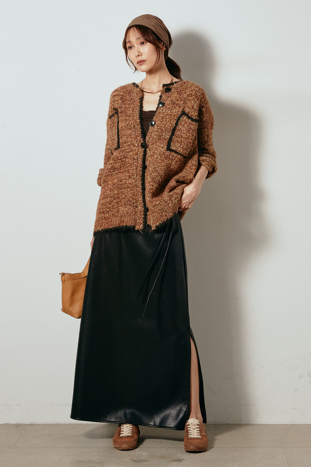 [SET]ミックスニットポケットカーディガン+紐付きフェイクレザーワイドスカート(2set)