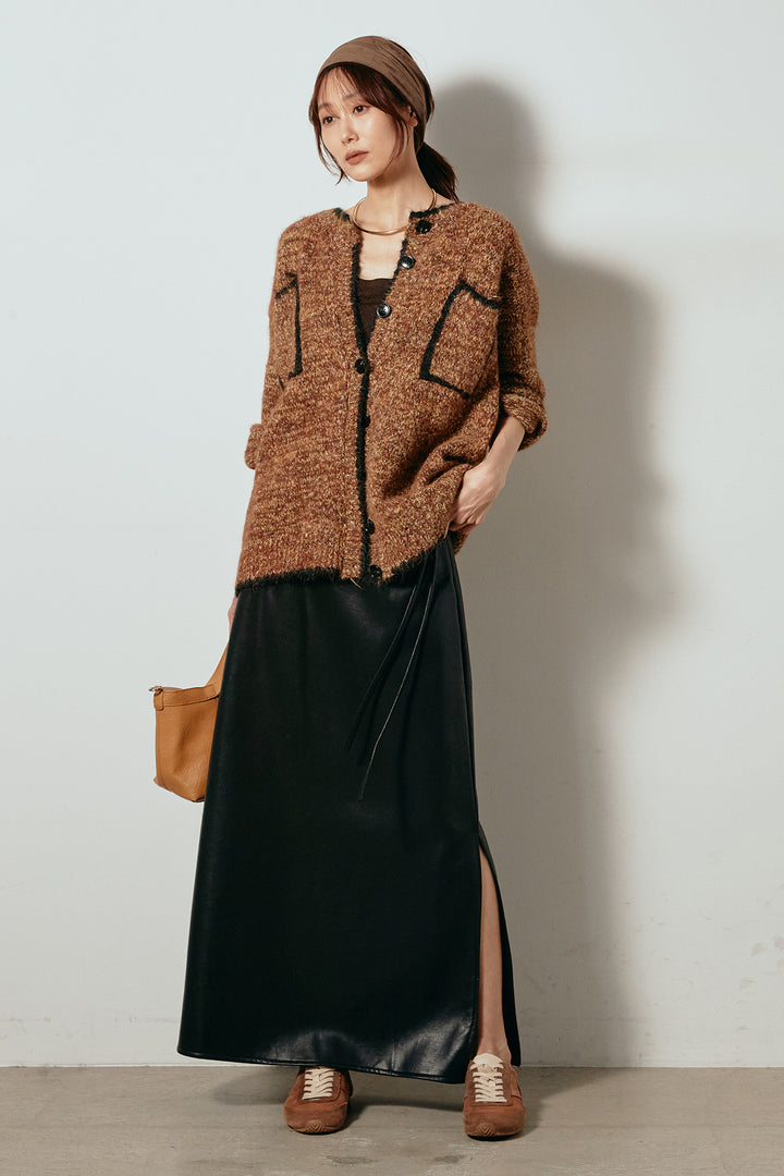 [SET]ミックスニットポケットカーディガン+紐付きフェイクレザーワイドスカート(2set)
