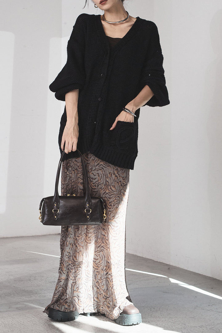 [SET]コード刺繍リラックスニットカーディガン+抽象柄ロングスカート(2set)