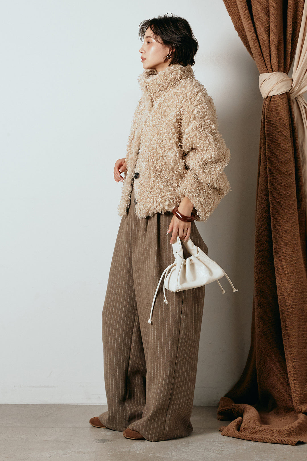 [SET]プードルファーミドルジャケット+ウールライクストライプパンツ(2set)