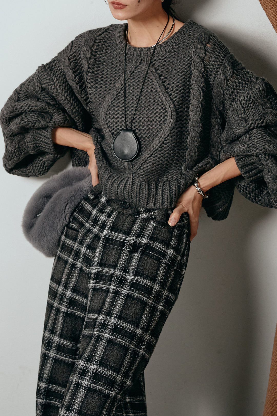 [SET]ロービングケーブルショート丈プルオーバー+ルーズタータンチェックワイドパンツ(2set)