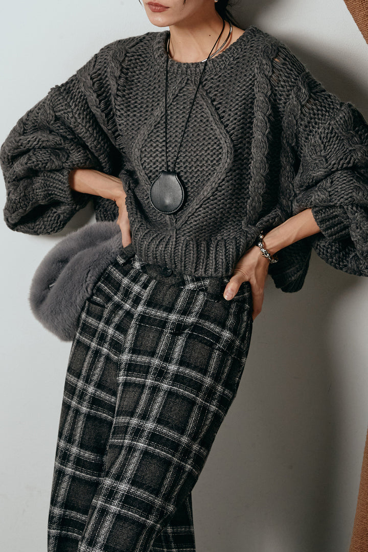 [SET]ロービングケーブルショート丈プルオーバー+ルーズタータンチェックワイドパンツ(2set)