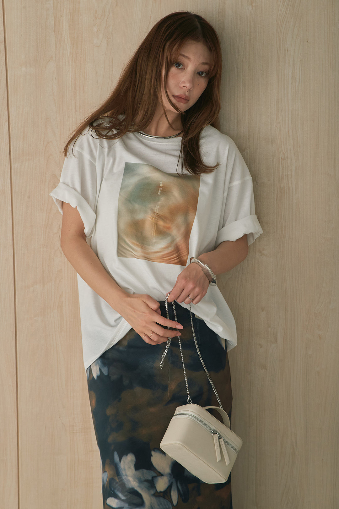 [SET]MarbleプリントTシャツ+ニュアンス花柄スカート(2set)