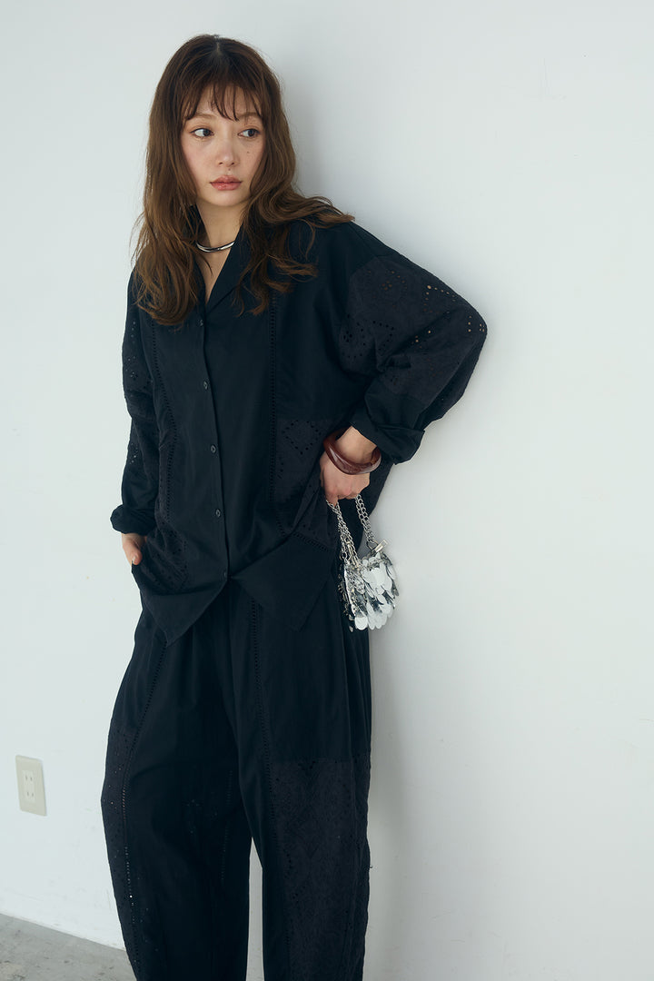 [SET]ローンレースオープンカラーシャツ+ローンレースイージーパンツ(2set)