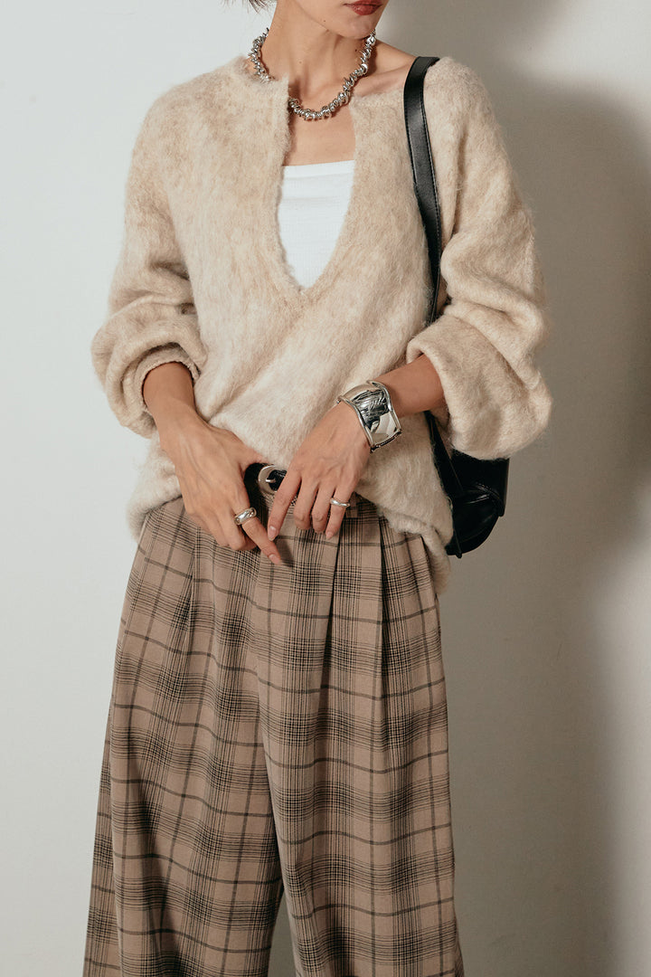 [SET]ミックスシャギー深Vニット+タック入りタータンチェックワイドパンツ(2set)