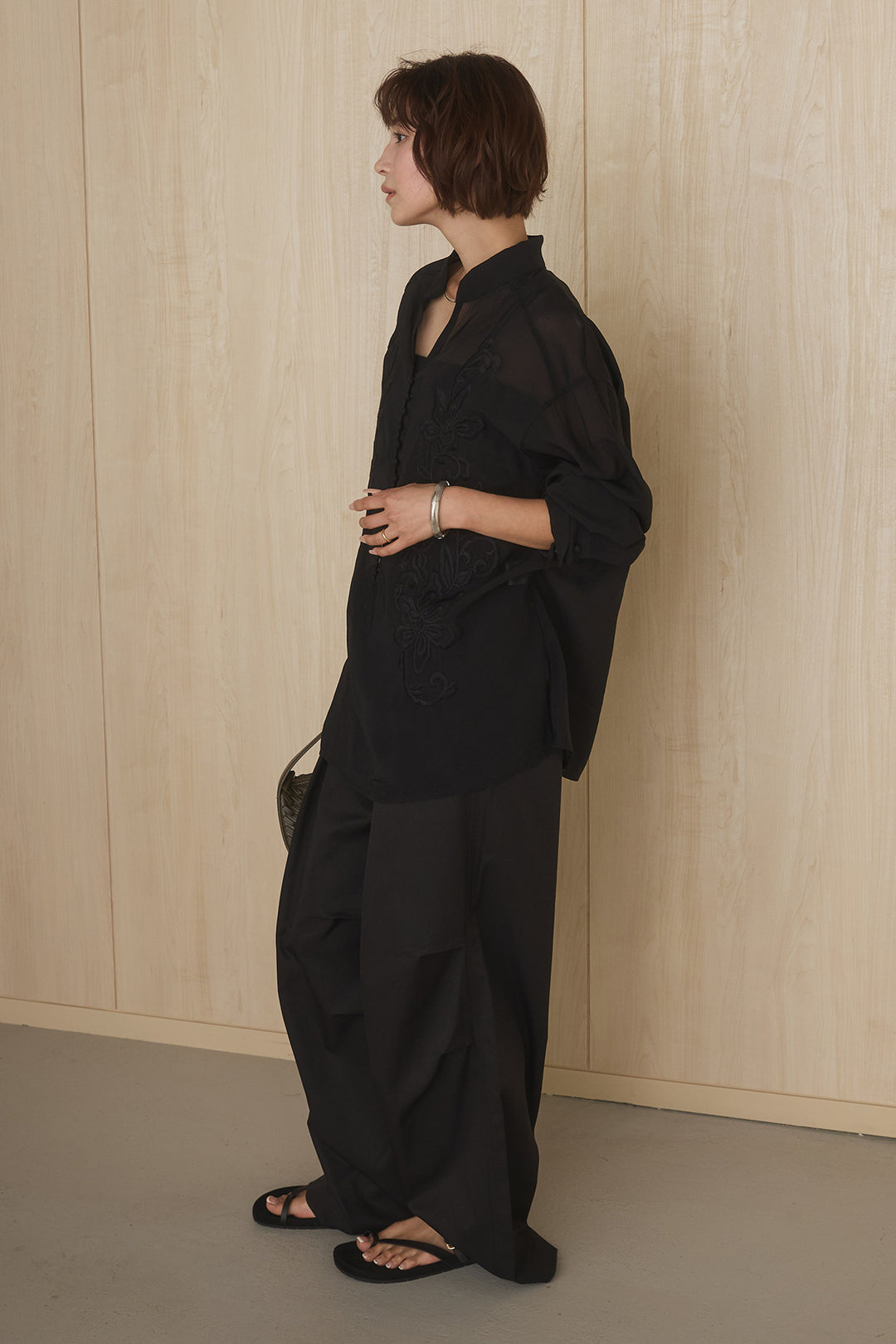 [SET]フロントボタンニュアンス柄ブラウス+ニーサイドタックウエストドロストパンツ(2set)