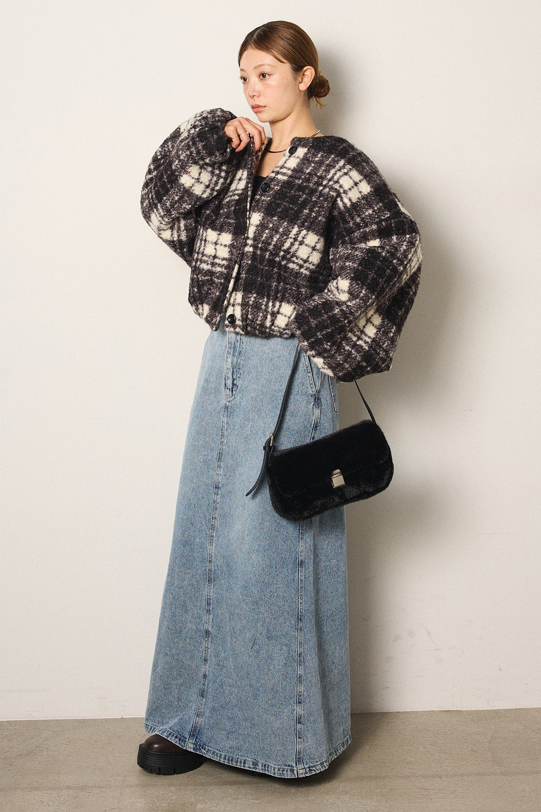 [SET]ノーカラーチェック柄ボアブルゾン+デニムロングフレアスカート(2set)