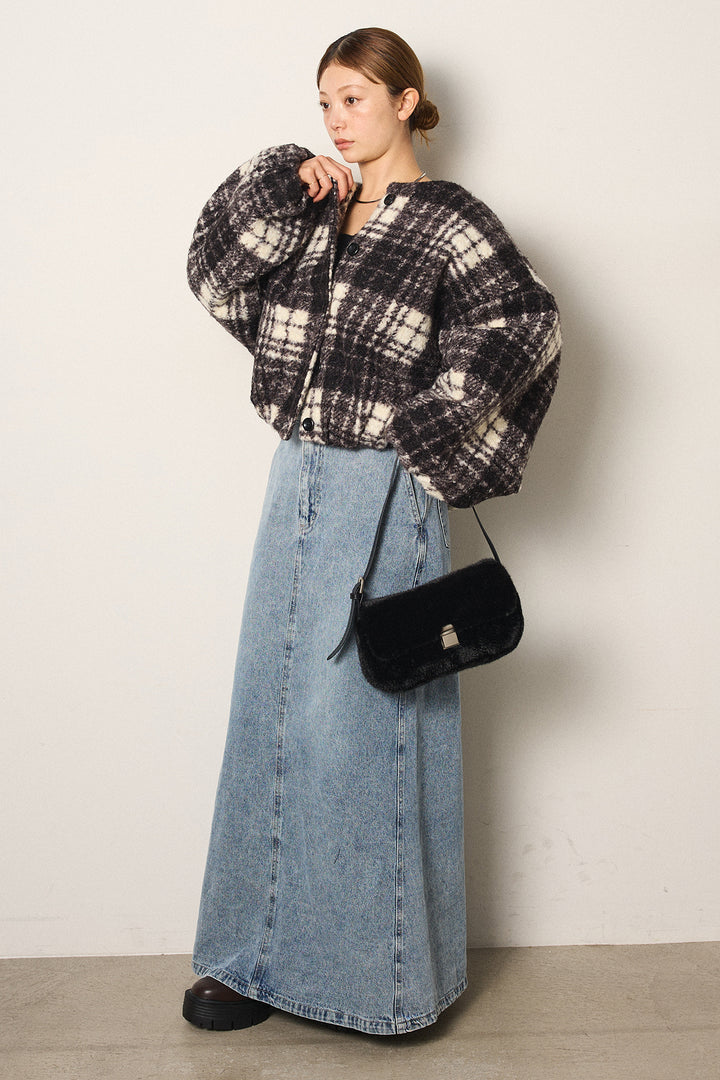 [SET]ノーカラーチェック柄ボアブルゾン+デニムロングフレアスカート(2set)