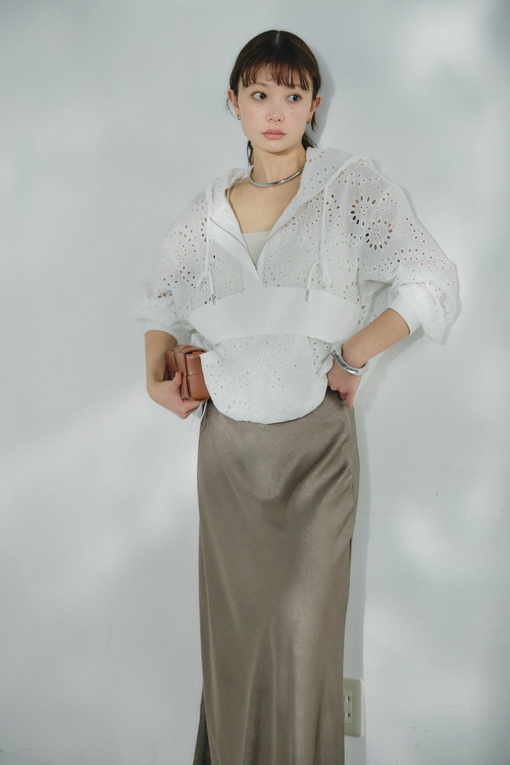 [SET]レースハーフジップアップフーディー+バイアスナローサテンスカート(2set)