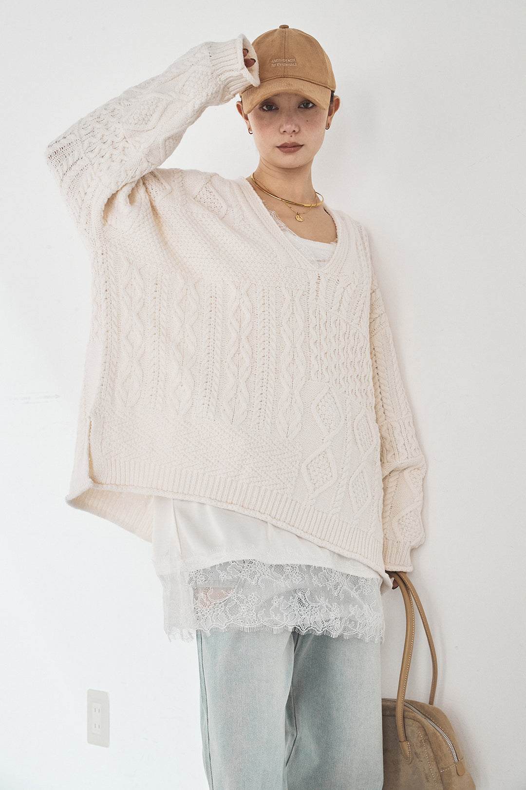 [SET]ケーブルVニットセーター+デニムサイドカットパンツ(2set)