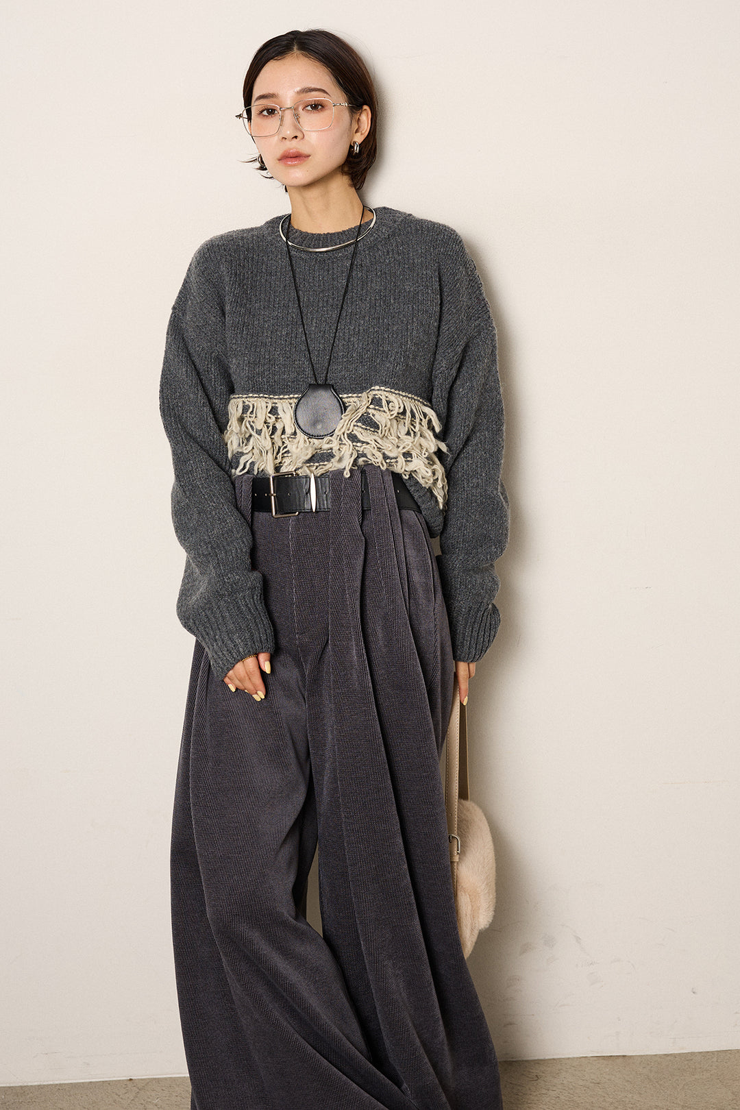 [SET]ループ編み切り替えニットプルオーバー+ベルトループコーデュロイワイドパンツ(2set)