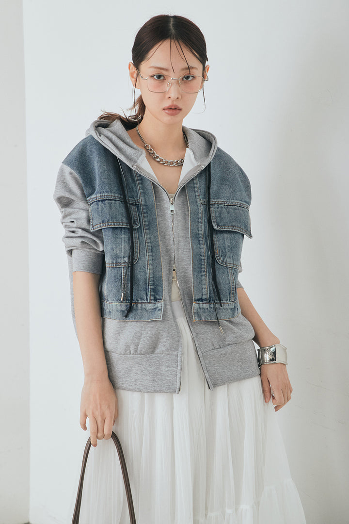 [SET]デニム切替ポンチダブルジップパーカー+ボリュームシルエットチュールスカート(2set)