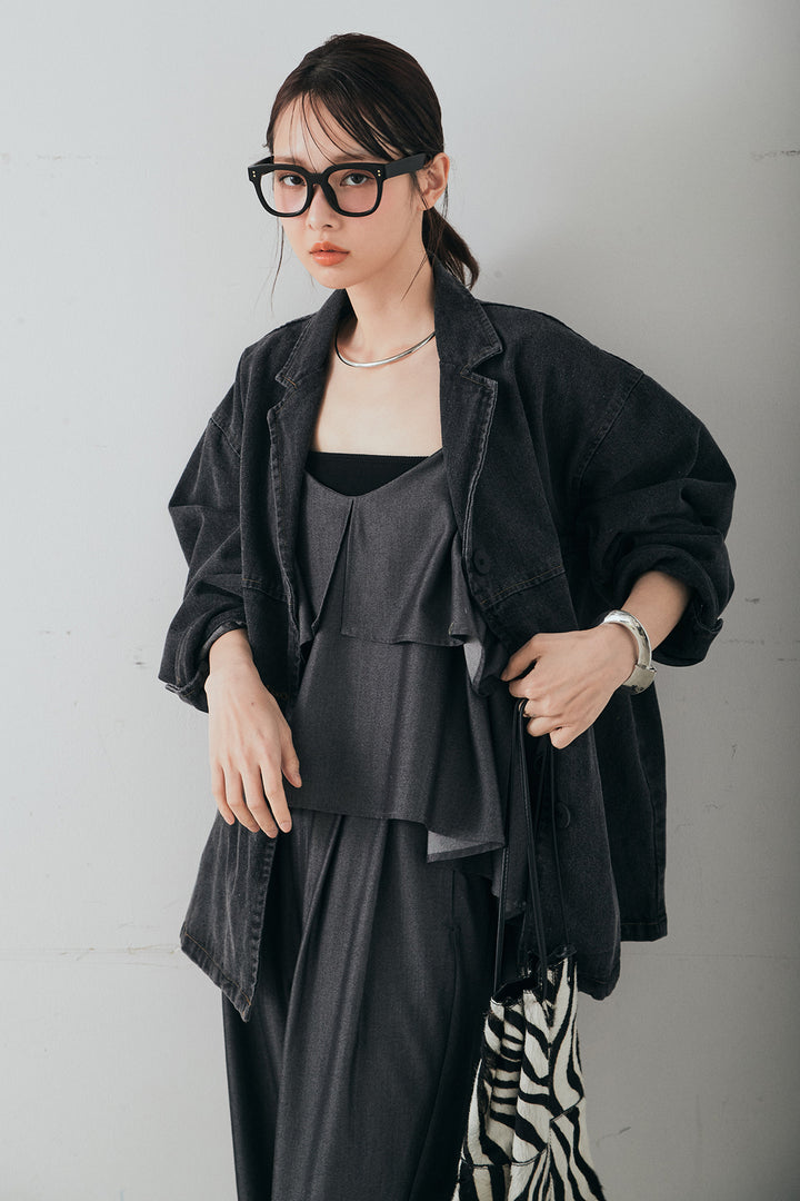 [SET]オーバーデニムジャケット+デニムライクツイルタックパンツ+デニムライクツイルティアードキャミソール(3set)