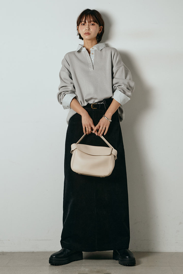 [SET]ストライプシャツドッキングポロトップス+ポーチベルト付きコーデュロイワイドスカート(2set)