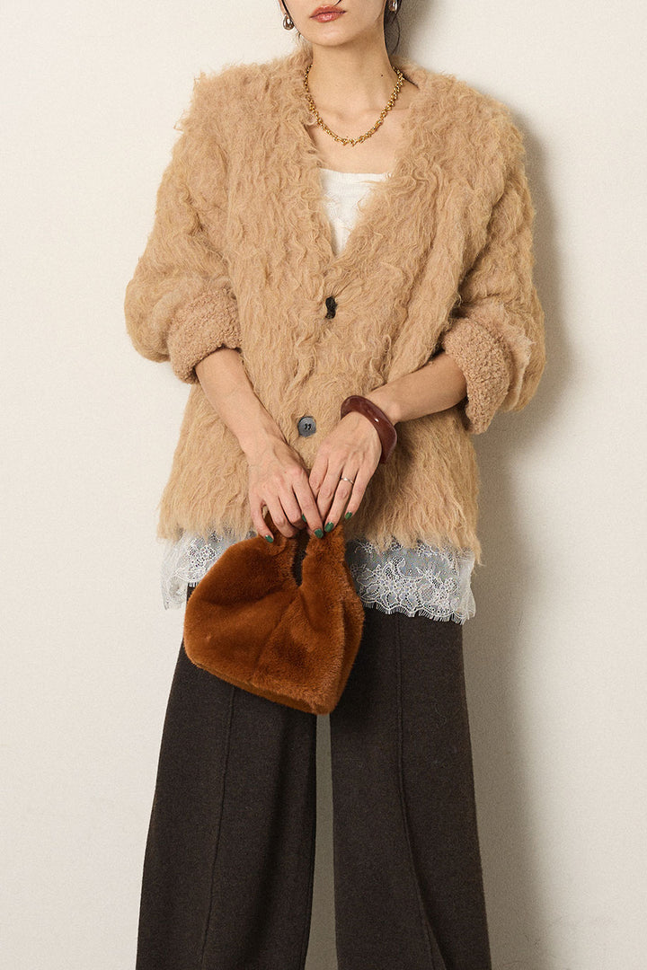 [SET]起毛シャギーニットカーディガン+レース切り替えキャミソール(2set)