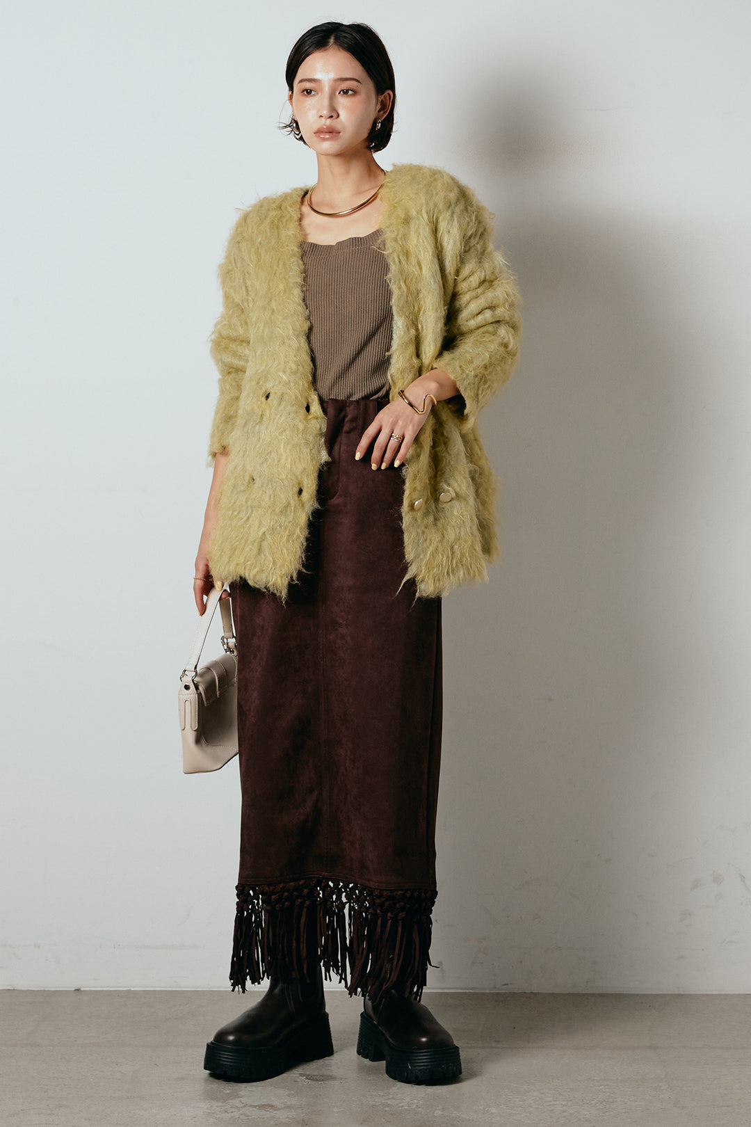 [SET]ウェーブシャギーニットジャケット+スウェードライク裾フリンジスカート(2set)