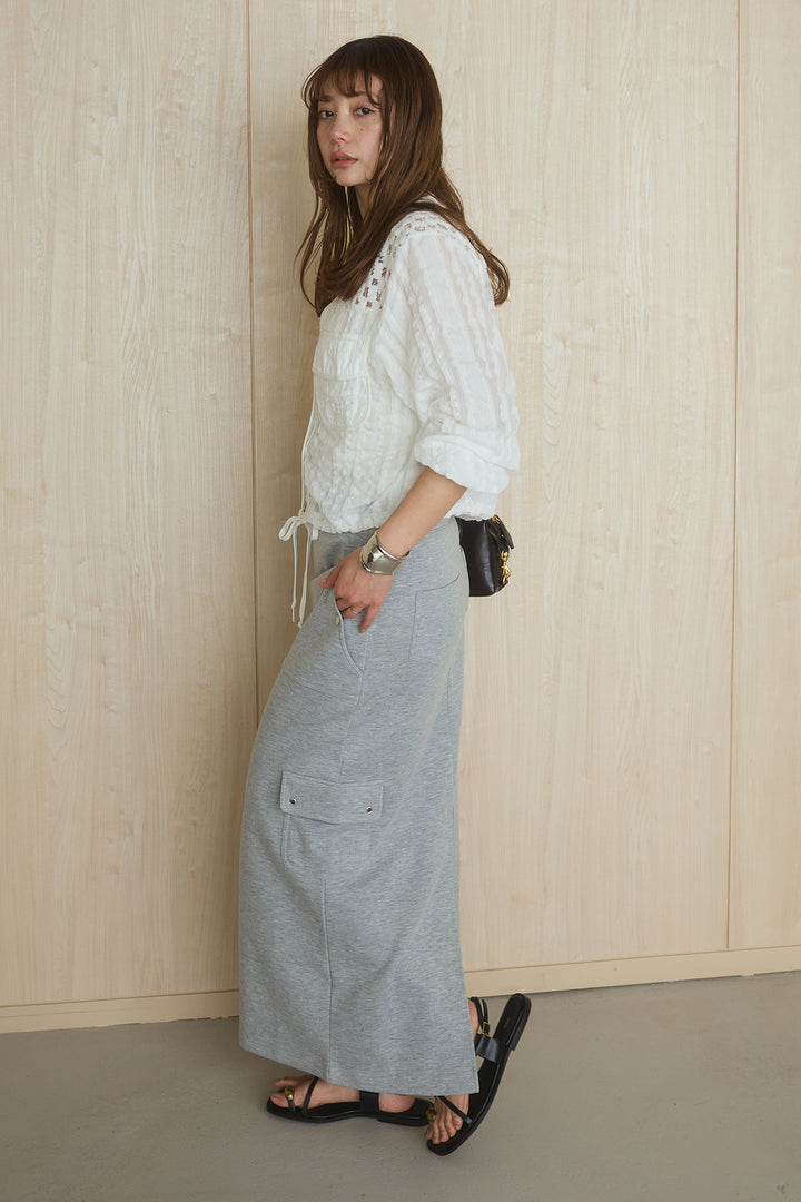 [SET]異素材切替シアーメッシュカーディガン+ドットボタン付きカットタイトスカート(2set)