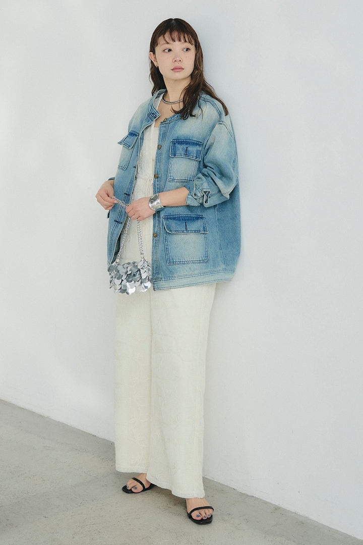 [SET]ノーカラーデニムポケットジャケット+レースサロペット(2set)