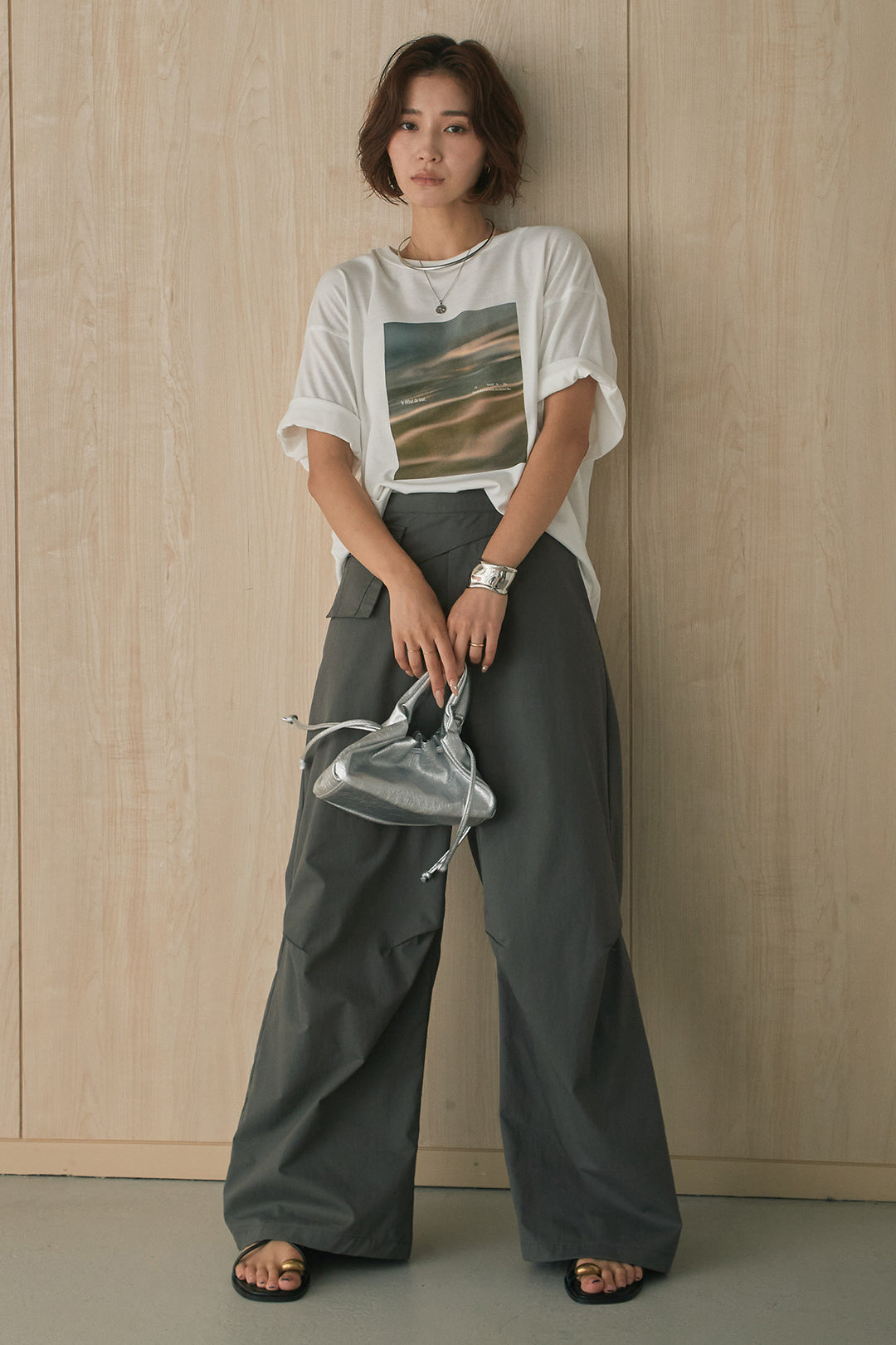 [SET]MarbleプリントTシャツ+ポケットベルト付きニーサイドタックパンツ(2set)