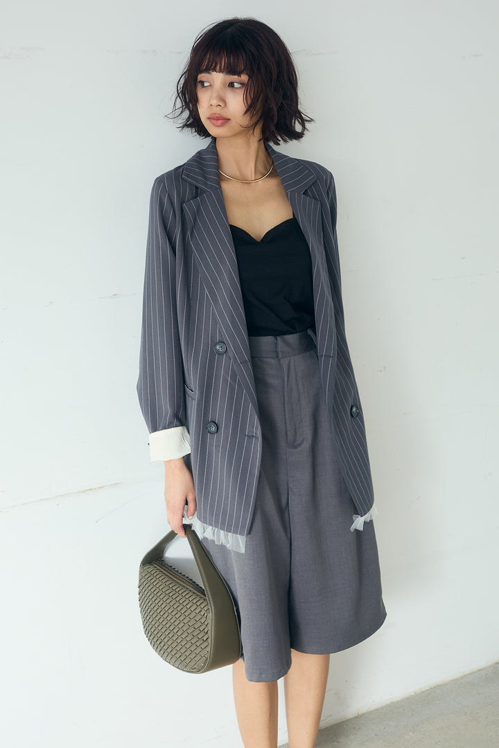 [SET]裾フリルダブルジャケット+ツイルタックハーフパンツ(2set)