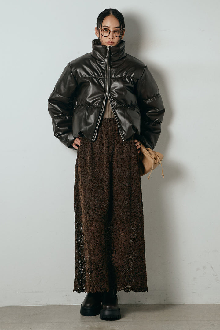 [SET]レザーライクWジップスタンドカラー中綿ブルゾン+総レース刺繍スカート(2set)