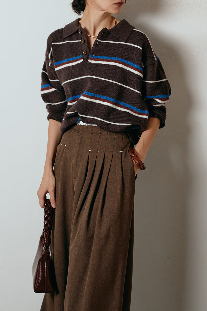 [SET]襟付きマルチボーダーニットポロトップス+ウエストステッチデザインワイドスラックス(2set)