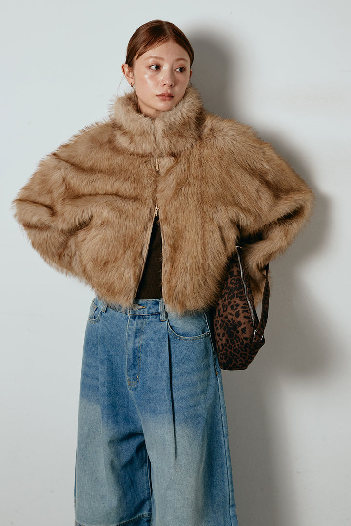 [SET]エコファーショート丈ブルゾン+加工デニムタックコクーンワイドパンツ(2set)