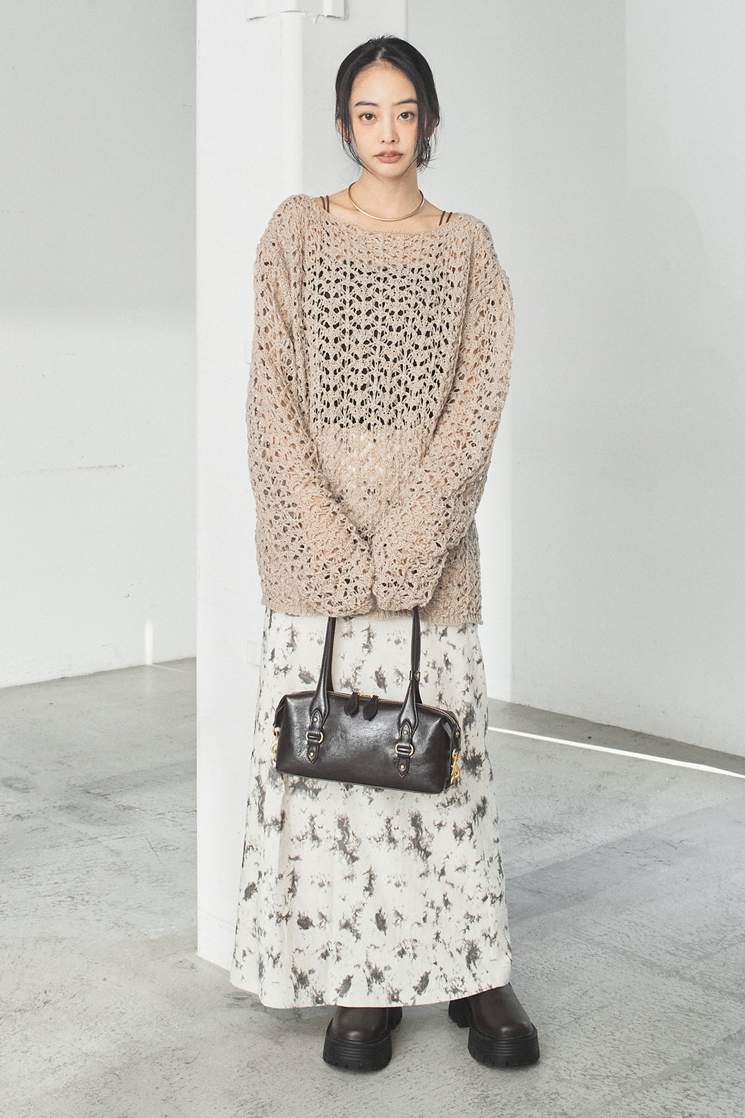 [SET]リラックスメッシュニットトップス+タイダイ柄ベロアワイドスカート(2set)