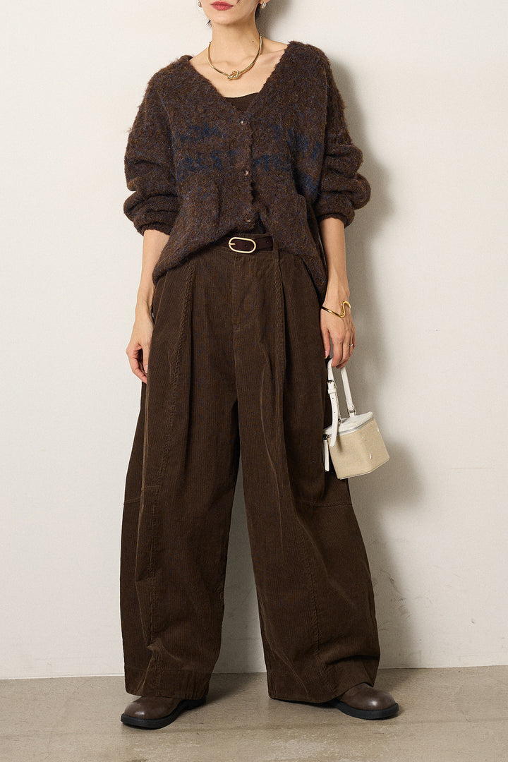 [SET]ウール混透かしロゴニットカーディガン+タック入りコーデュロイワイドパンツ(2set)