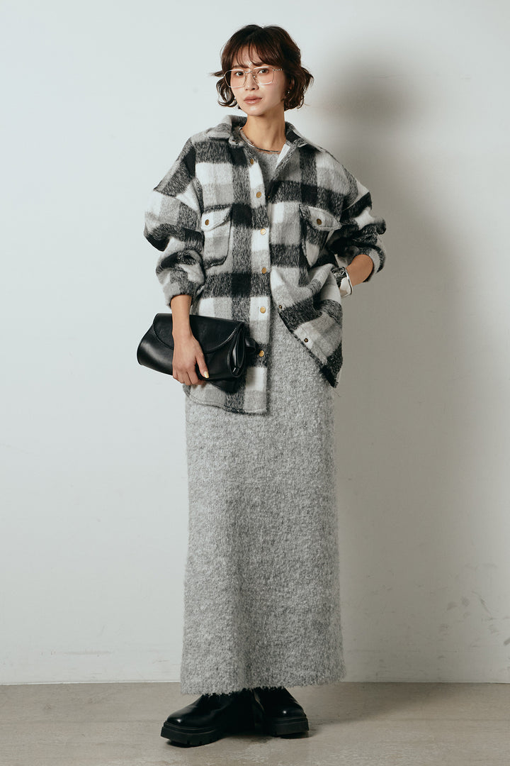 [SET]起毛チェック柄ポケットアウター+起毛ノースリーブニットロングワンピース(2set)