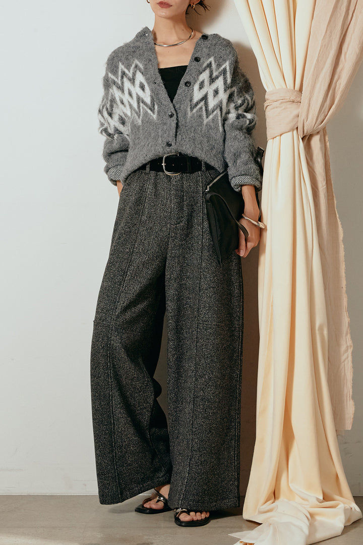 [SET]起毛ノルディック柄ニットカーディガン+太ベルト付きツイードワイドパンツ(2set)