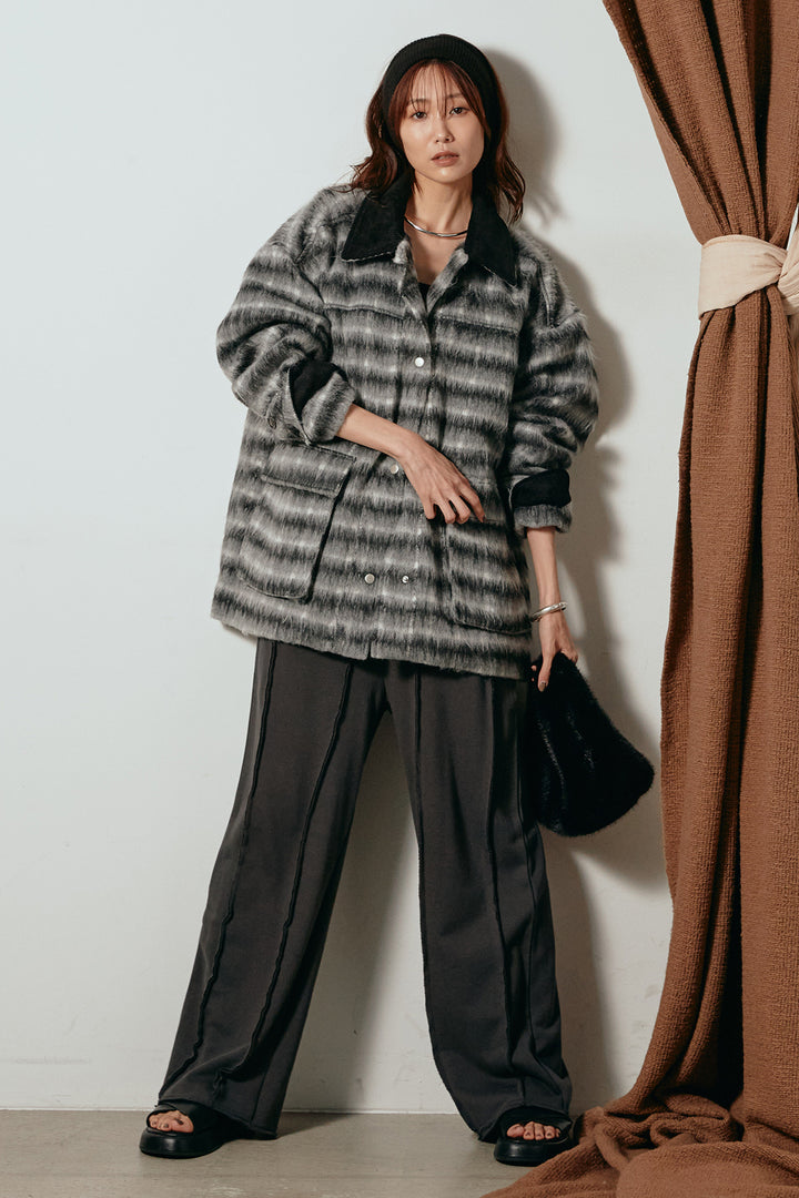[SET]チェックシャギーミドルカバーオール+フロントラインデザインワイドスウェットパンツ(2set)