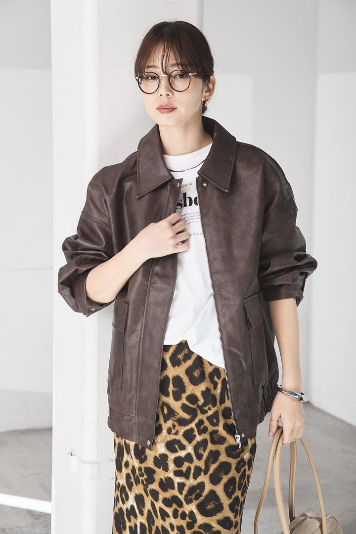 [SET]レザーライクオーバーサイズブルゾン+レオパードサテンナロースカート(2set)