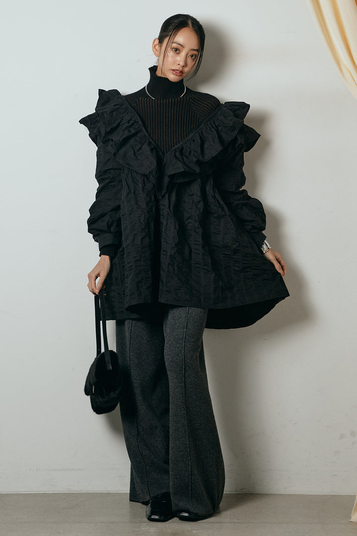 [SET]Vネックフリルカラーブラウス+リブニットシームレスタートルプルオーバー+センターラインニットパンツ(3set)