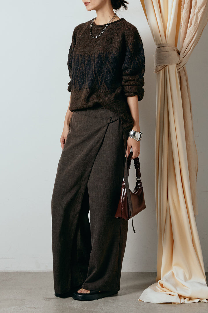 [SET]モノトーン柄ニットトップス+ラップ巻きワイドスラックス(2set)