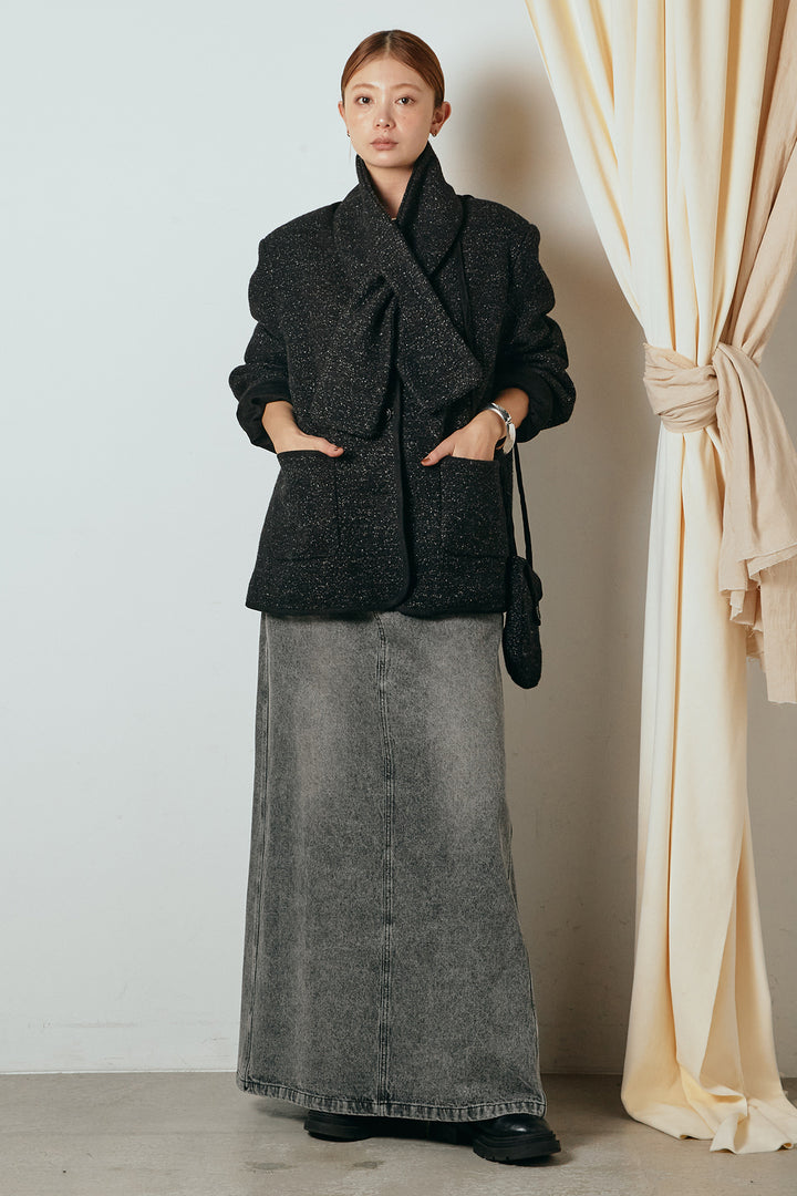 [SET]ノーカラーマフラーバッグ付きアウター+デニムロングフレアスカート(2set)