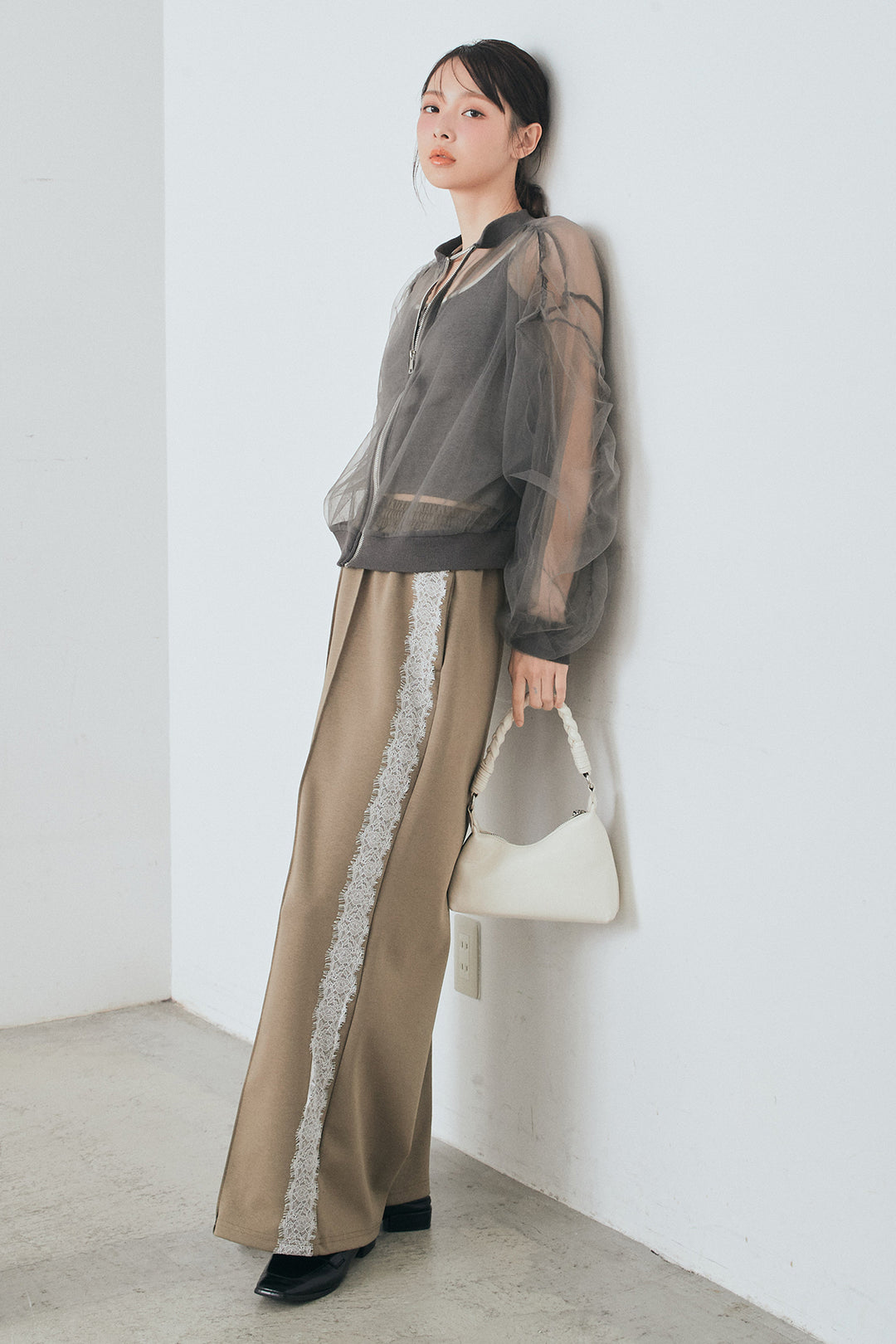 [SET]エアリーチュールスリーブシアーブルゾン+Wフェイスカットソーサイドレースラインパンツ(2set)