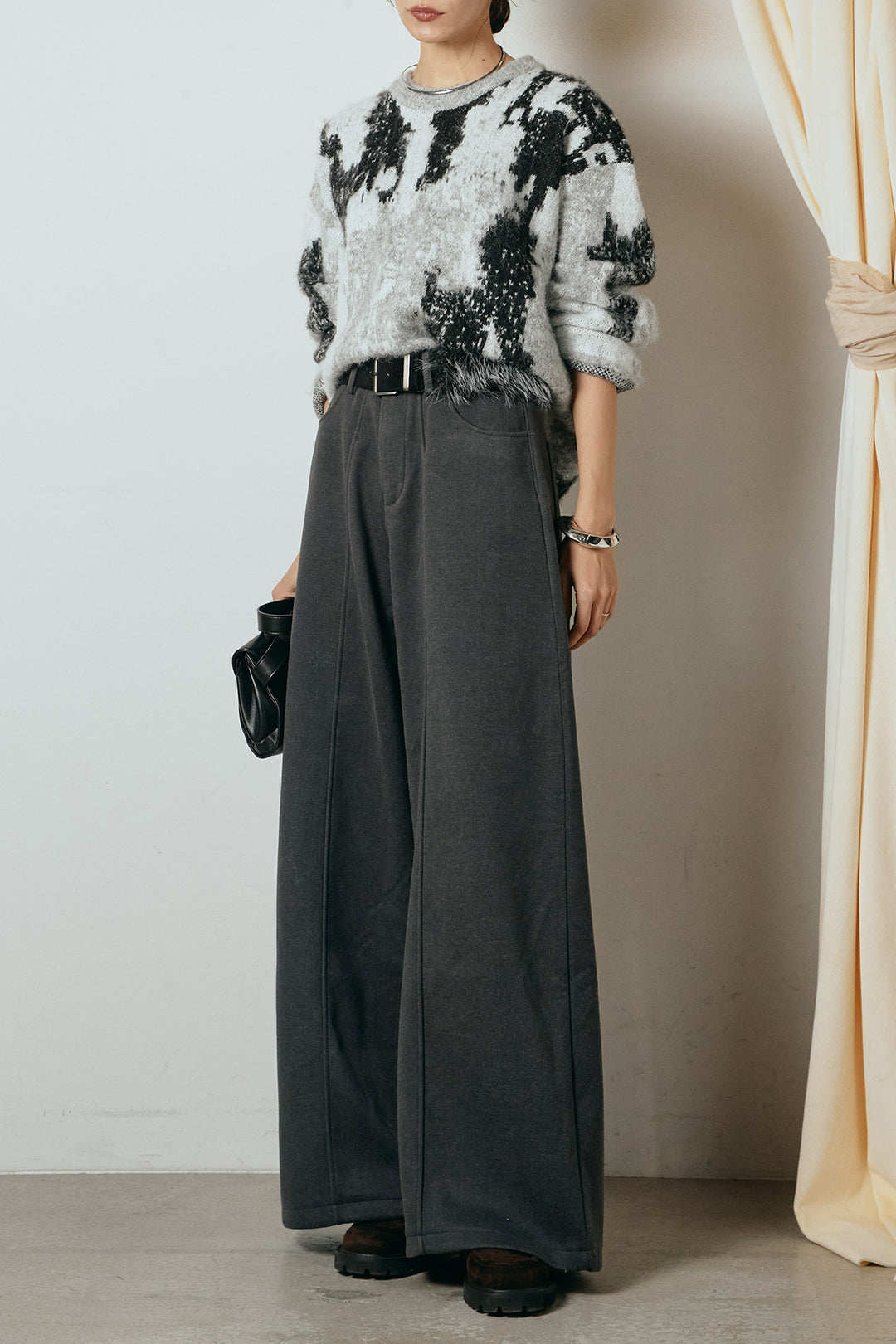 [SET]起毛ニュアンス柄ニットプルオーバー+ファーベルト付きワイドパンツ(2set)