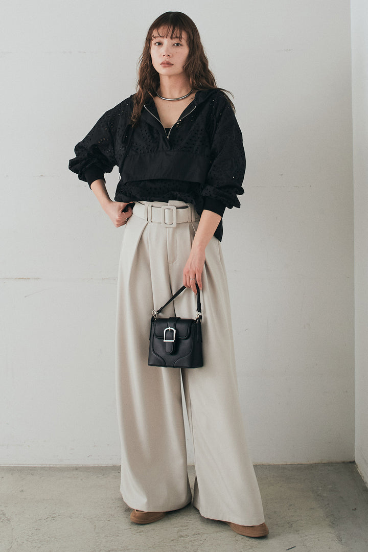 [SET]レースハーフジップアップフーディー+ベルト付きツータックワイドパンツ(2set)