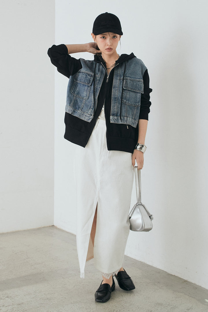 [SET]デニム切替ポンチダブルジップパーカー+裾レースデザインデニムスカート(2set)