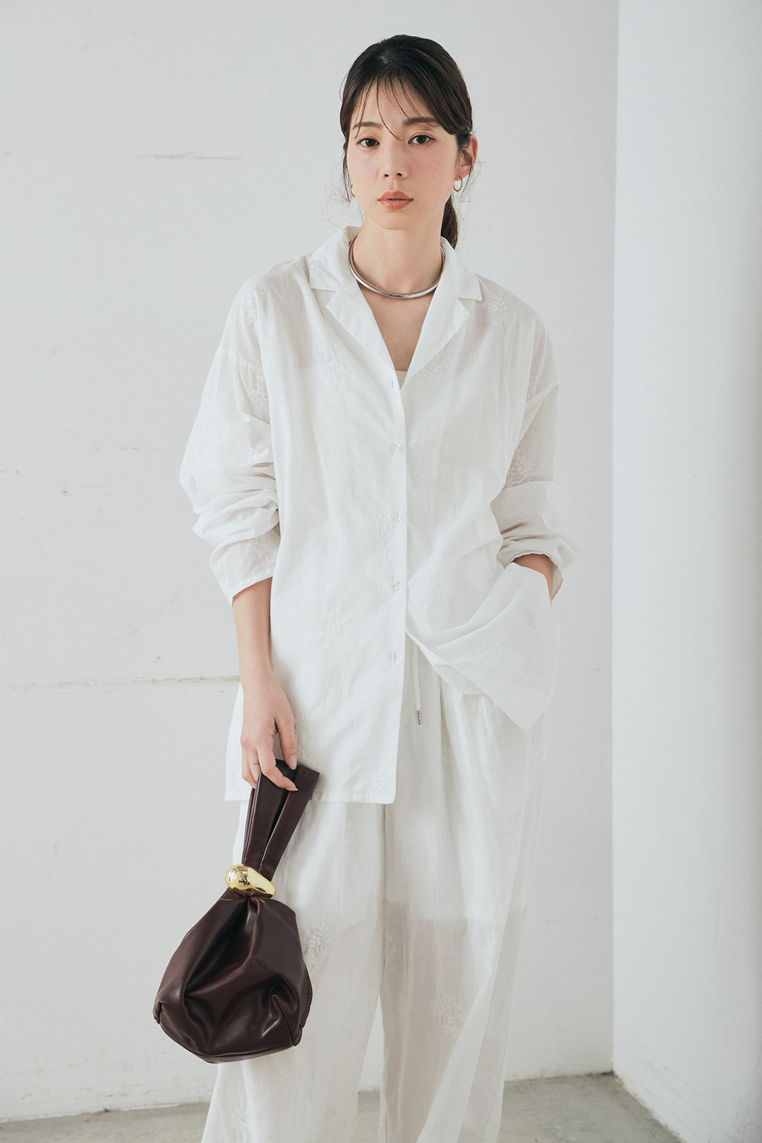 [SET]刺繍ローンオープンカラーシャツ+刺繍ローンタックイージーパンツ(2set)